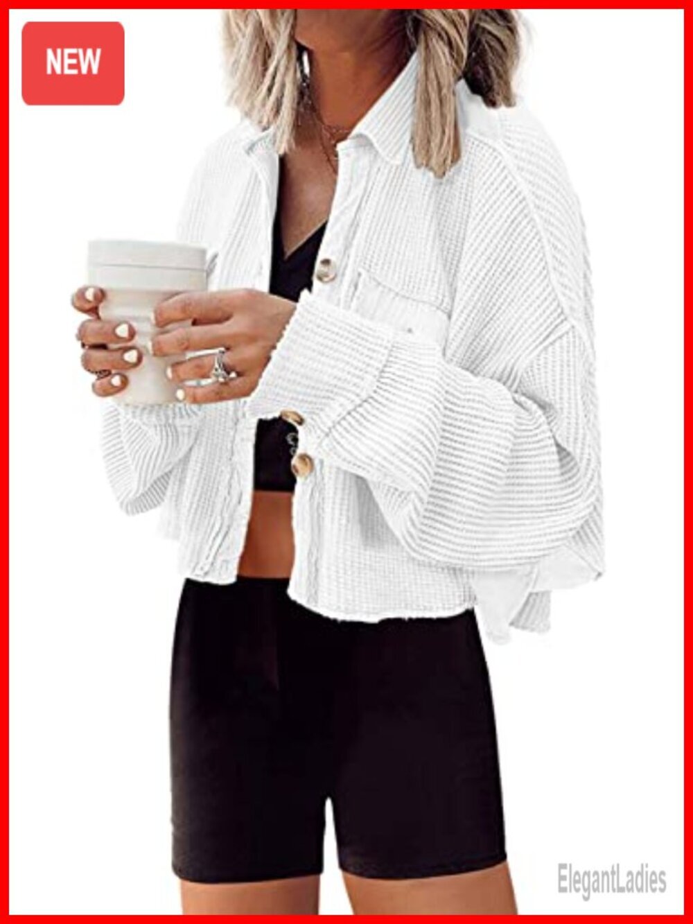 Cropped Waffle Knit Shacket Button Down Batwing Sleeve Jacket with Pockets
